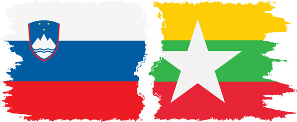 Myanmar and Slovenia grunge flags connection, vector