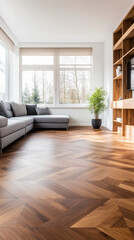 Obraz premium Spacious living room with a large window and a herringbone pattern wooden floor.