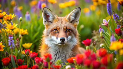 Fototapeta premium red fox gazes curiously through vibrant field of colorful flowers, surrounded by blooming petals in various shades. scene captures beauty of nature and charm of wildlife