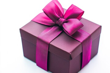 Obraz premium Purple gift box with satin ribbon on white