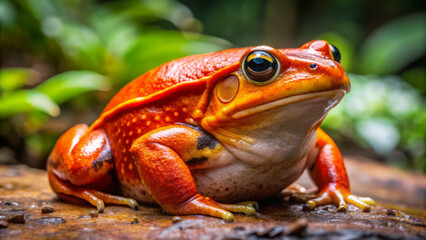 vibrant tomato frog sits on wet surface, showcasing its bright red color and distinctive features. This amphibian is surrounded by lush greenery, creating serene natural setting