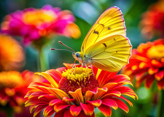 Obraz premium bright yellow butterfly rests gracefully on vibrant flower, showcasing its delicate wings amidst colorful garden. scene radiates beauty and tranquility