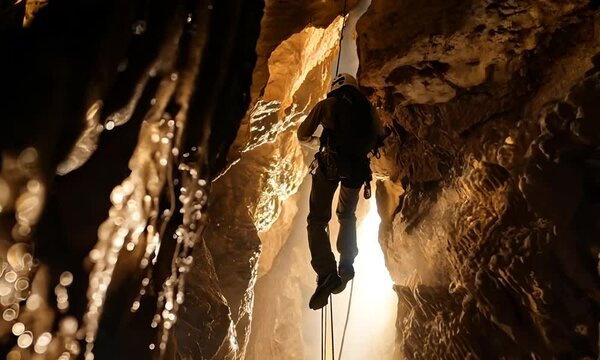 A climber rappelling down a rocky cave, illuminated by natural light.