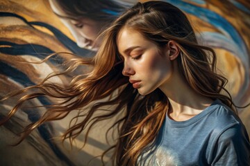 Fototapeta premium Portrait of a beautiful, young girl with a thoughtful look. The hair develops and creates a feeling of lightness and naturalness.