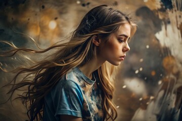 Portrait of a beautiful, young girl with a thoughtful look. The hair develops and creates a feeling of lightness and naturalness.