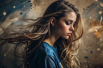 Portrait of a beautiful, young girl with a thoughtful look. The hair develops and creates a feeling of lightness and naturalness.