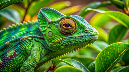 Fototapeta premium vibrant green chameleon rests among lush foliage, showcasing its unique texture and colors. intricate details of its skin and vivid surroundings create captivating scene