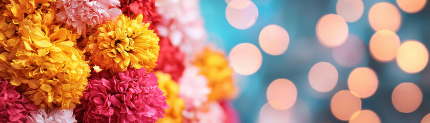 Vibrant close up of beautifully decorated Navratri mandap adorned with fresh flowers in bright colors, creating festive and joyful atmosphere