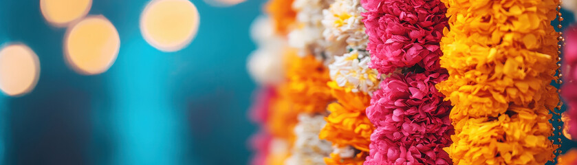 Fototapeta premium Colorful floral garlands adorn festive setting, creating vibrant atmosphere perfect for celebrations. bright hues of pink, orange, and white flowers enhance joyful ambiance