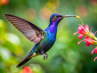 Fototapeta premium vibrant purple throated carib hummingbird is gracefully extracting nectar from bright pink flower, showcasing its stunning plumage and delicate features in lush green environment