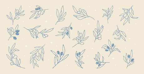 Fototapeta premium Elegant botanical graphic set. Hand drawn monogram olive branch stickers. Rustic clipart ink leaves in vintage line art style. Great for logos, greeting cards or wedding invitations. 