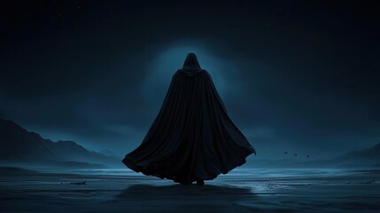 A mysterious figure cloaked in darkness stands alone in an eerie landscape, invoking a sense of suspense and intrigue.