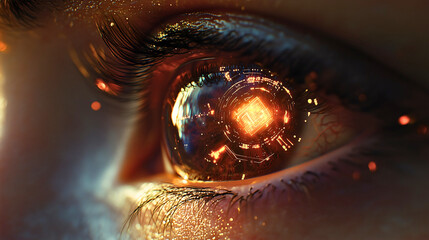 A human eye with a glowing interface, showing AI integration into human senses and decision-making.