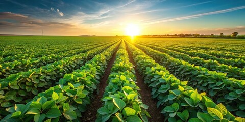 Green soybean field in warm sunlight