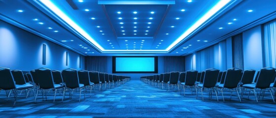 Fototapeta premium Spacious futuristic conference hall with blue ambient lighting and oversized screen, wide-angle shot