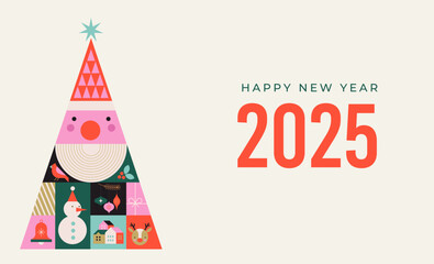 Happy New Year 2025, New Year background, banner, poster design. Modern minimalist geometric illustration, concept design with Christmas decorations, Santa Claus, Xmas tree and ornaments