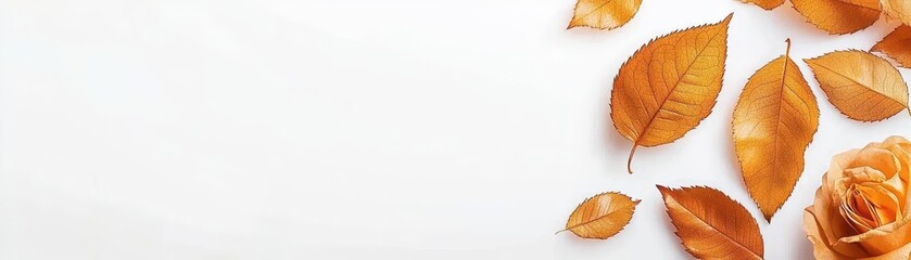 Autumn leaves and rose on a white isolate background, symbolizing seasonal change and nature's beauty.