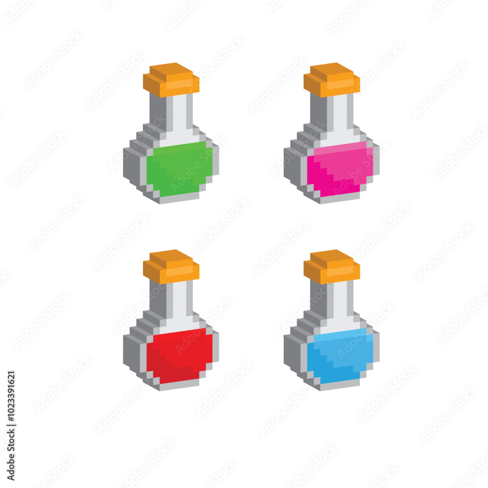 Poster isometric 3d pixel health potion icon vector element for 8 bit game mana sign