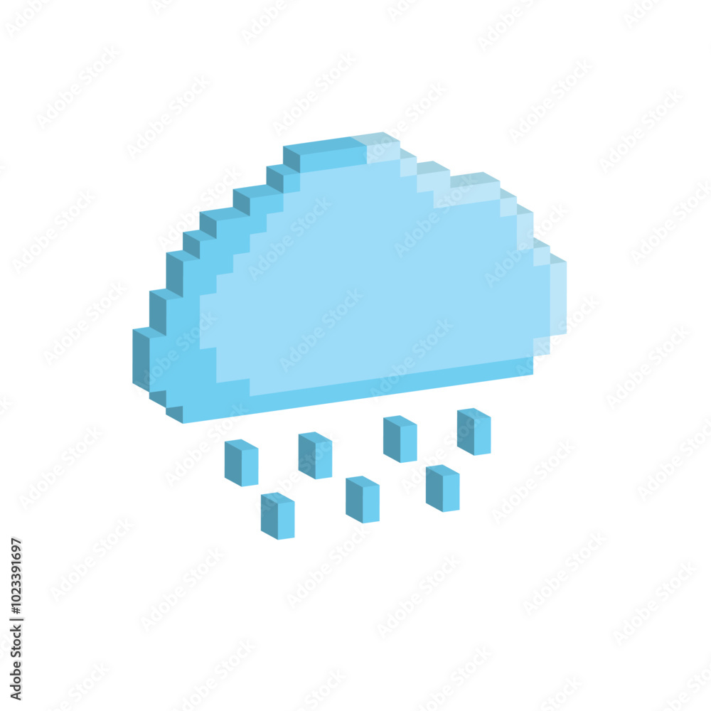 Poster isometric 3d pixel cloud rain icon weather pixel art icon vector element for 8 bit game