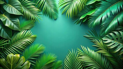 Fototapeta premium Green summer tropical background with exotic palm leaves Aerial