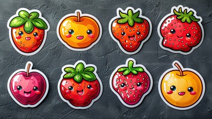 Set of sticker comic character fruit and phrase. Groovy strawberry flower peach in 60s 70s. Retro labels with trendy food