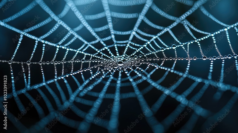 Poster a close-up view of a spider web adorned with dew droplets, creating a mesmerizing pattern against a 