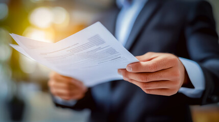 A close-up of a businessman in a suit carefully reviewing paperwork, set against a blurred office background. The image symbolizes professionalism, business decisions, and corporate communication.