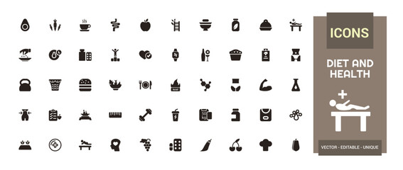 Set of filled icons related to diet and health, mental health and more, glyph icon collection for web and ui. Filled symbol pack, Editable and Vector illustration.