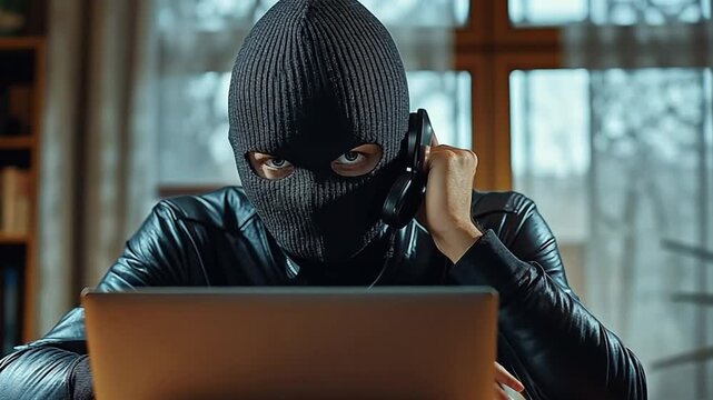  A black full face mask-wearing individual is utilizing a laptop and a phone call, maybe involving illegal behavior.