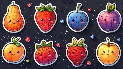 Set of sticker comic character fruit and phrase. Groovy strawberry flower peach in 60s 70s. Retro labels with trendy food