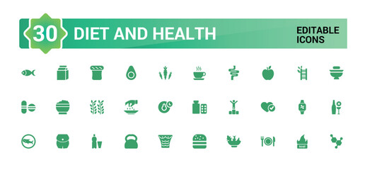 Set of filled icons related to diet and health, mental health and more, glyph icon collection for web and ui. Filled symbol pack, Editable and Vector illustration.