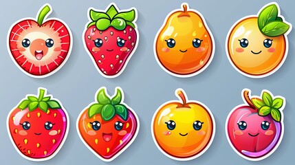 Set of sticker comic character fruit and phrase. Groovy strawberry flower peach in 60s 70s. Retro labels with trendy food