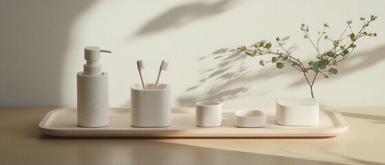 Minimalist bathroom accessories on a light wooden tray, soft shadows from natural light