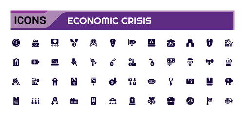 Economic crisis solid web icons set, decrease, layoff, pay cuts and more. Glyph icon collection for web and ui. Filled symbol pack, Editable and Vector illustration.