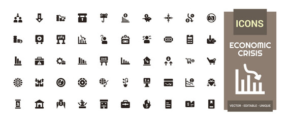 Economic crisis solid web icons set, decrease, layoff, pay cuts and more. Glyph icon collection for web and ui. Filled symbol pack, Editable and Vector illustration.