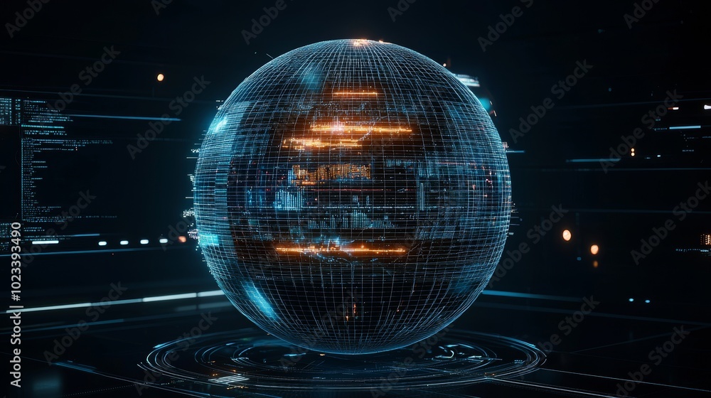 Poster background and texture with blue and pink tones, sphere planet circle on dark background