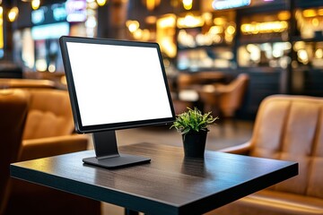 Black screen mockup of a digital computer display in a coffee shop with white space for ads