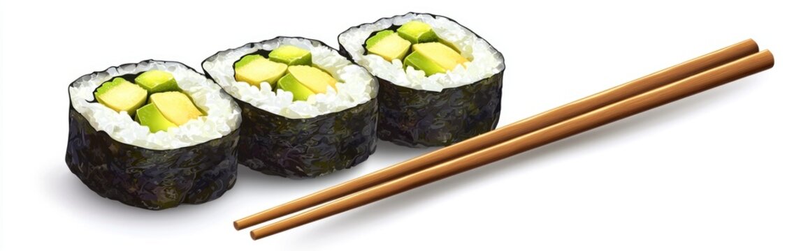 Fresh kale and avocado sushi rolls beside wooden chopsticks, perfect for a healthy meal option