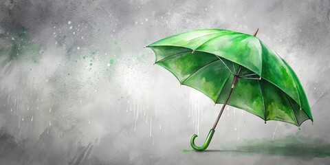 Green umbrella painted in watercolor style on grey background, tilted angle