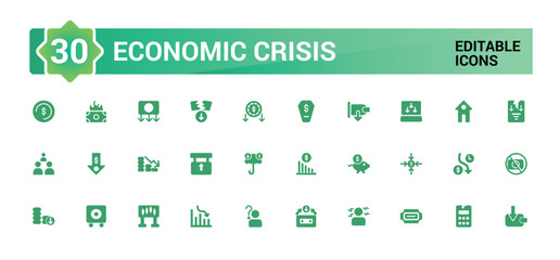 Economic crisis solid web icons set, decrease, layoff, pay cuts and more. Glyph icon collection for web and ui. Filled symbol pack, Editable and Vector illustration.