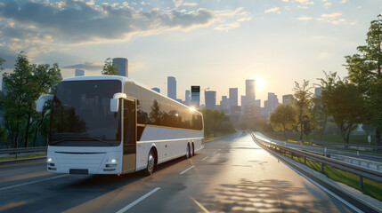 Obraz premium A white modern comfortable tourist bus travels through the city in bright sunlight. Travel and bus tourism concept.