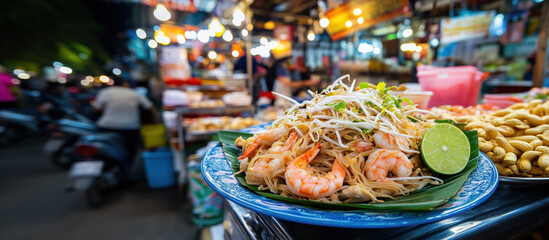Delicious pad thai with shrimp, lime, and fresh vegetables at vibrant street food stall