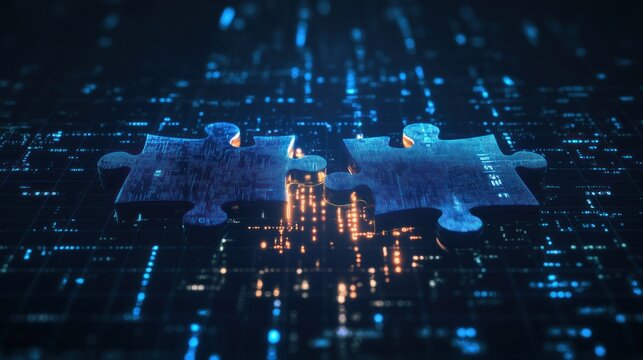 Two puzzle pieces over a digital data background, representing integration and connectivity in a technology-driven concept, perhaps symbolizing solutions or strategic fit in a cyber context.