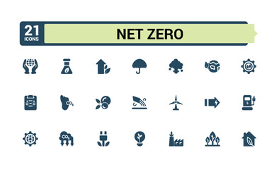Set of solid Net zero icons set. Relatate to ecology, renewable energy, recycling and more. Editable and pixel perfect, solid icons collection.
