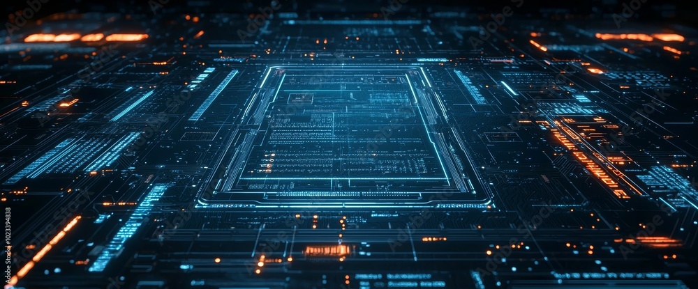 Poster Printed circuit board futuristic server graphics and code processing on orange, green, and blue technology background. 3D rendering.