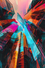 Capture a dystopian cityscape with skyscrapers bending into twisted shapes, blending dreams and reality with glitch art digital rendering