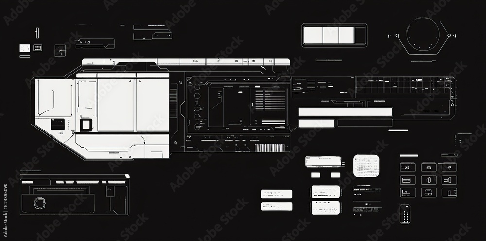 Poster Digital technology user interface elements: HUD, GUI, UI. Futuristic elements for video games. Digital frames, buttons, arrows, scales on loading percentages. Modern art.