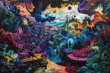 Capture a wide-angle view tragedy narrative in acrylic painting style, focusing on intricate details and depth Integrate bold graphic design trends like vibrant gradients and surreal elements to make