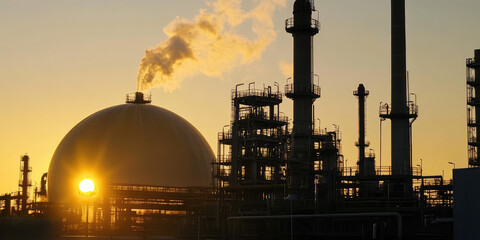 Industrial plant with a large dome and smokestacks at sunset. 