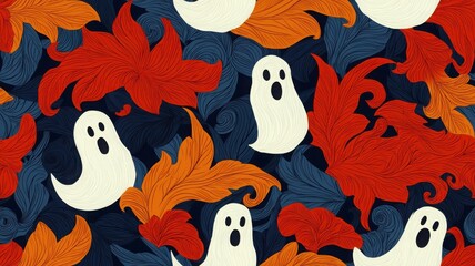 A whimsical pattern featuring playful ghosts among colorful autumn leaves, set against a dark background.